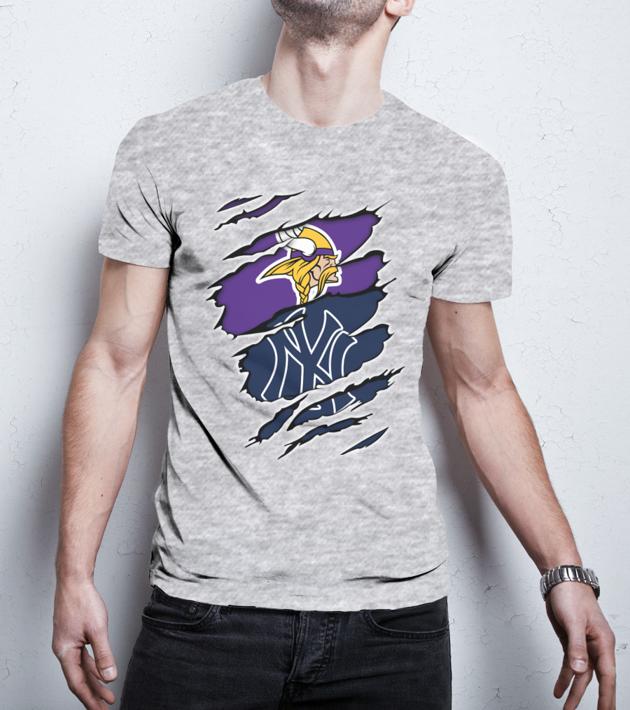 Vikings Yankees Logo Mashup Ripped Effect T-Shirt