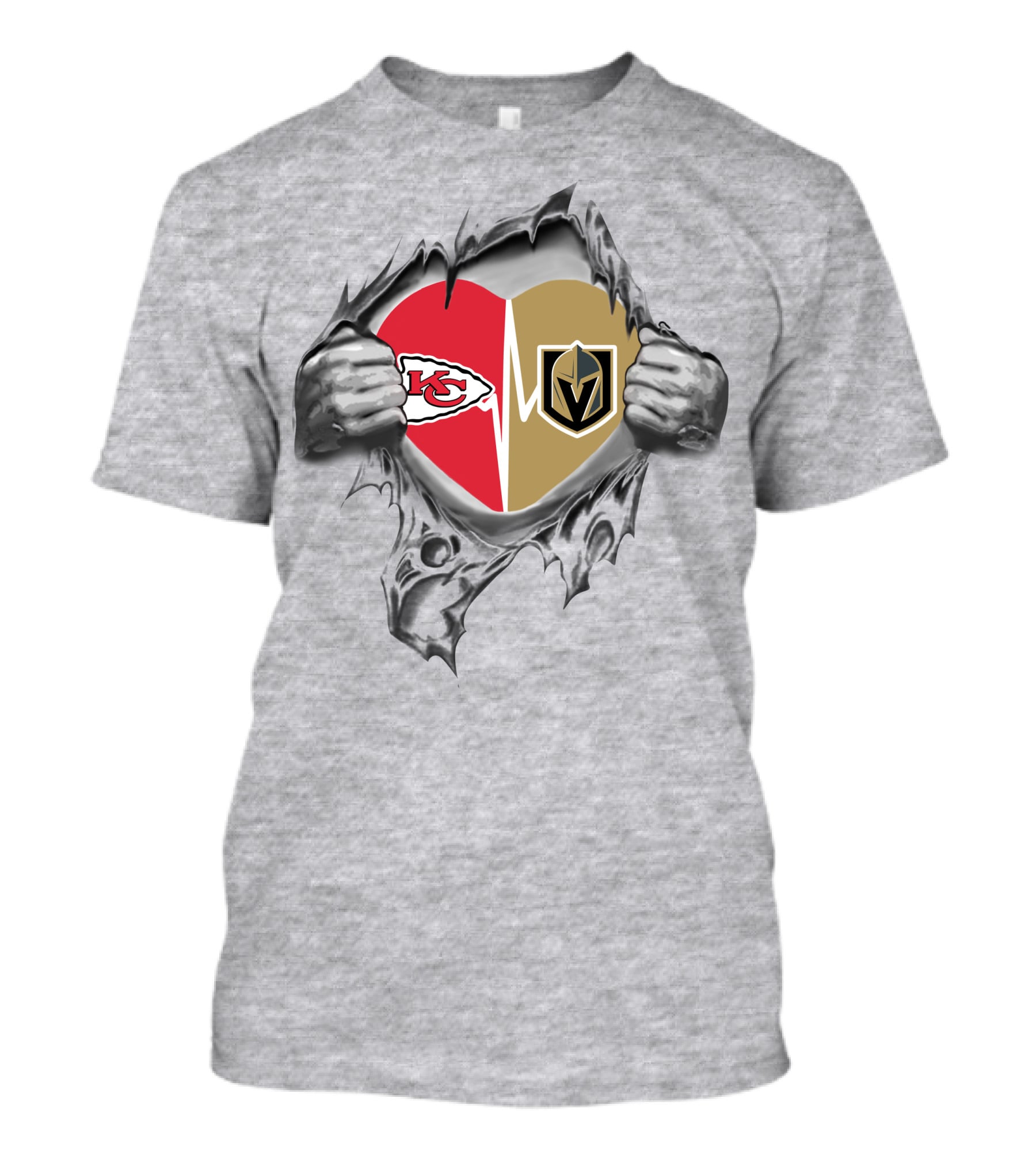 Golden Knights And Chiefs Heartbeat Logo Inside Torn Fabric T-Shirt