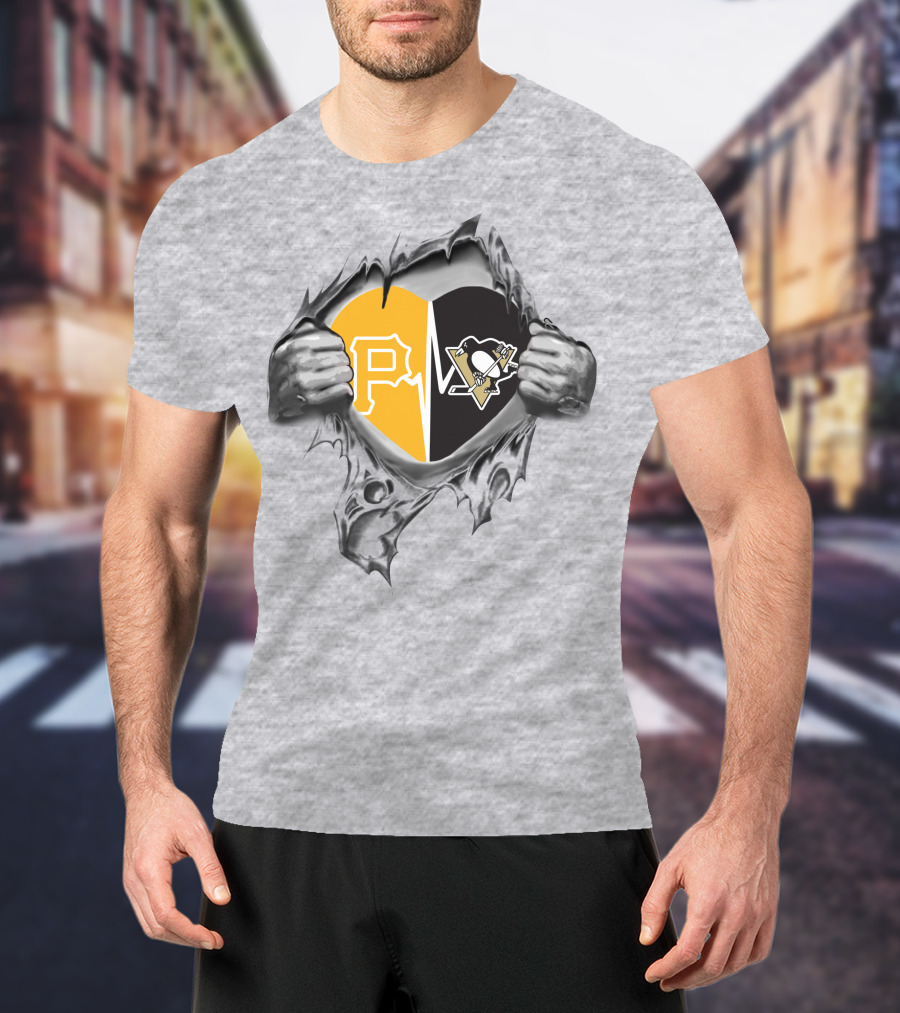 Pirates Penguins Heart With Team Logos Hidden Behind Torn Fabric T-Shirt