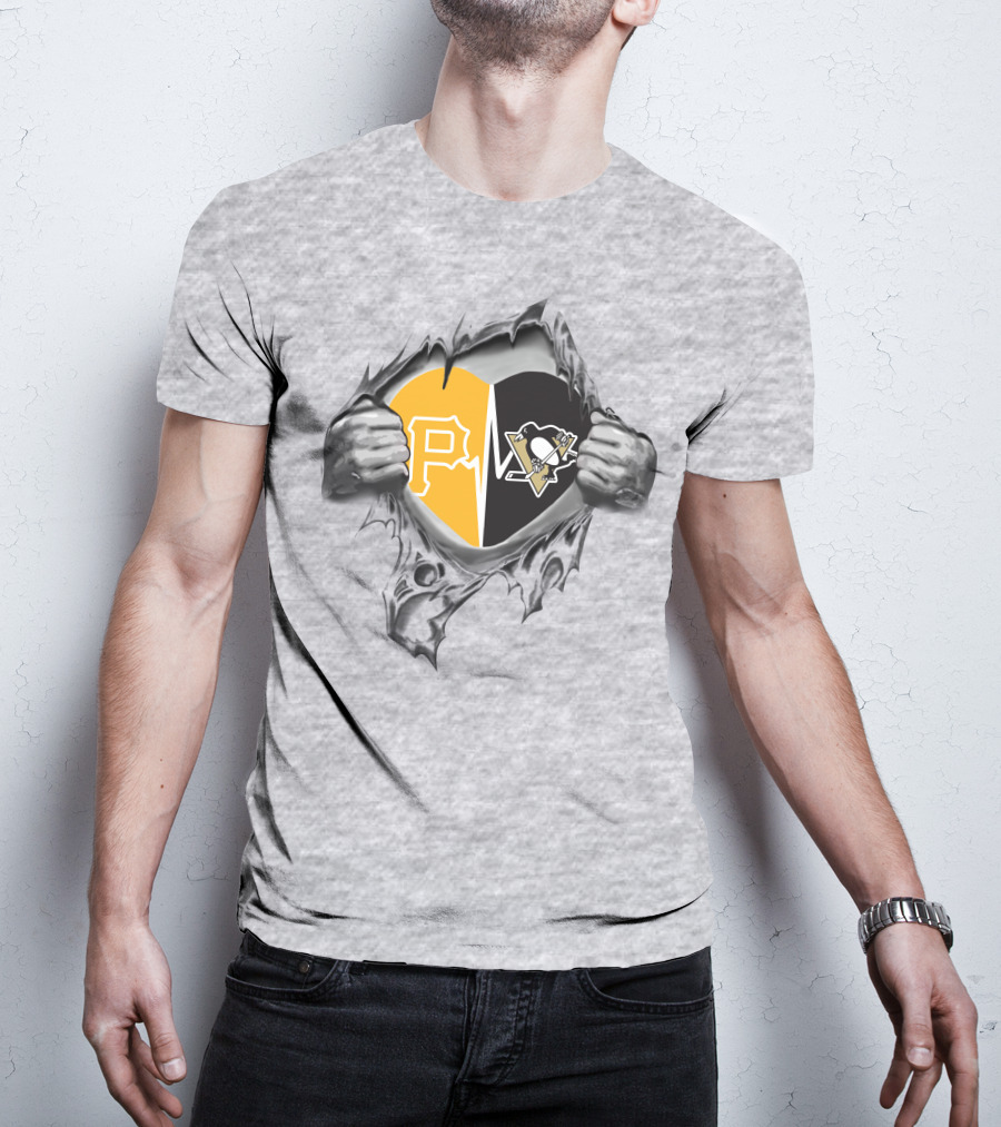 Pirates Penguins Heart With Team Logos Hidden Behind Torn Fabric T-Shirt