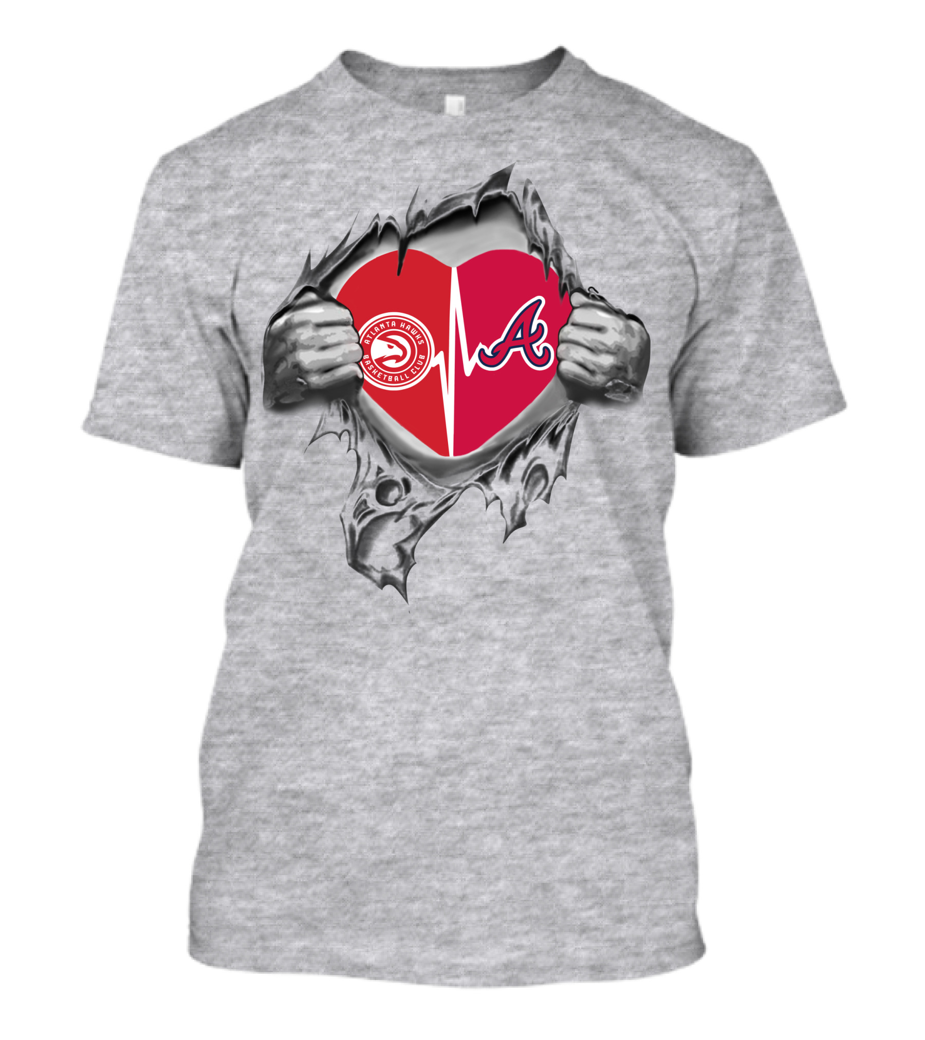 Atlanta Braves Hawks Heartbeat Logo In Torn Fabric T-Shirt