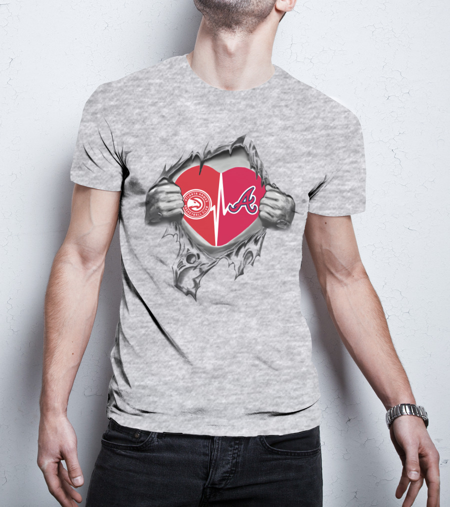 Atlanta Braves Hawks Heartbeat Logo In Torn Fabric T-Shirt