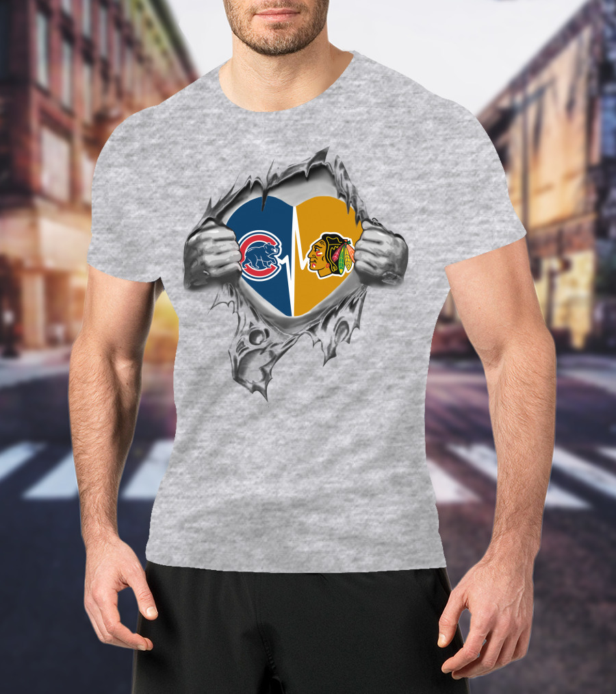 Chicago Cubs Blackhawks Heart Tear T-Shirt