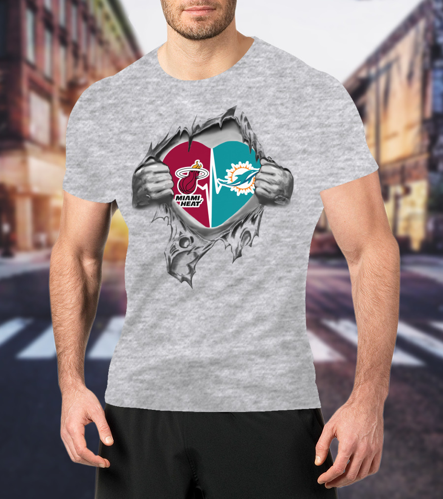Miami Heat Dolphins Heart Logo Fusion T-Shirt