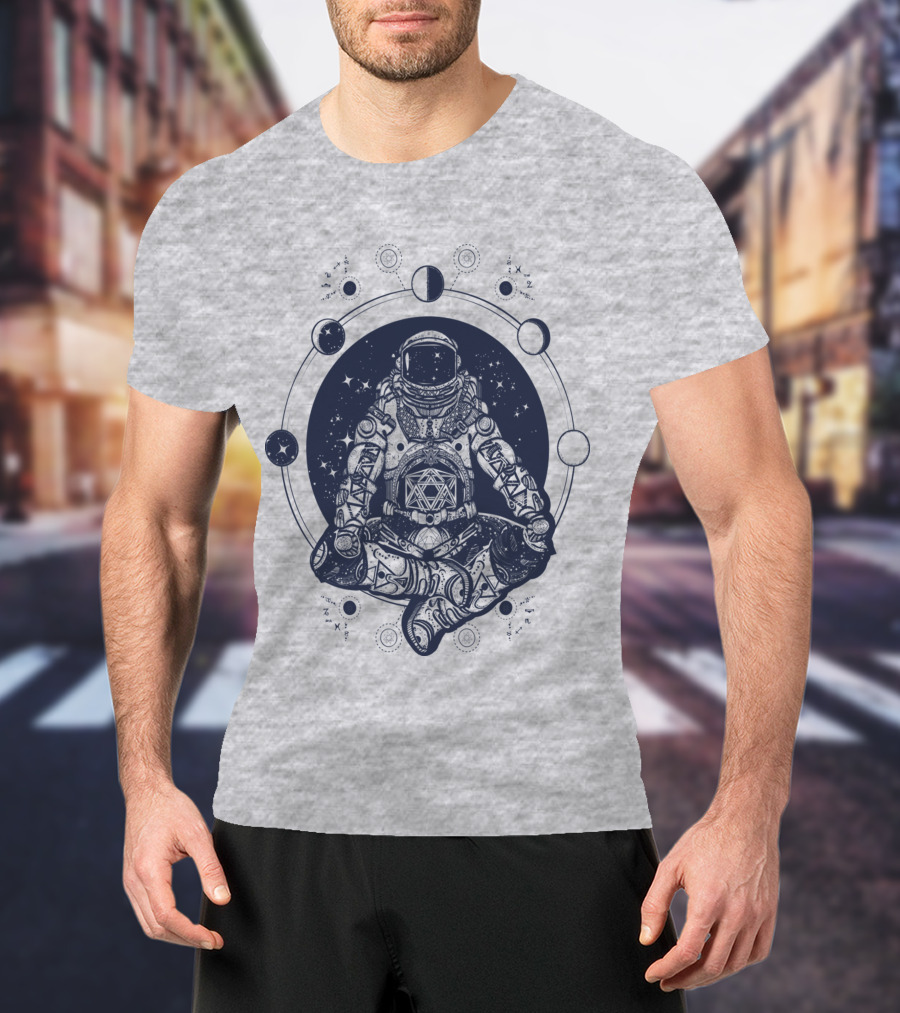 Zen Astronaut Meditating In Cosmic Orbit With Geometric Star Map T-Shirt
