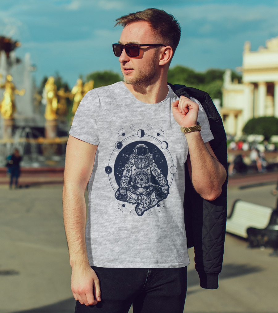 Zen Astronaut Meditating In Cosmic Orbit With Geometric Star Map T-Shirt