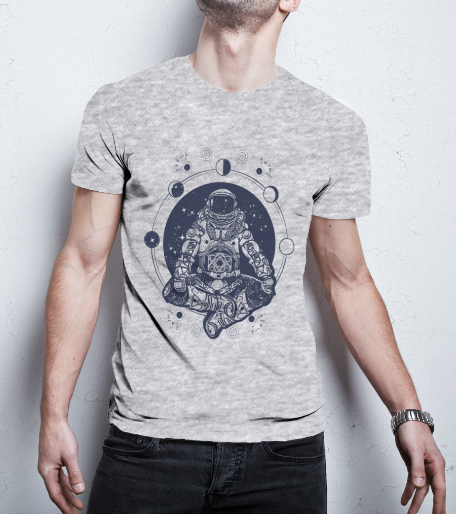 Zen Astronaut Meditating In Cosmic Orbit With Geometric Star Map T-Shirt