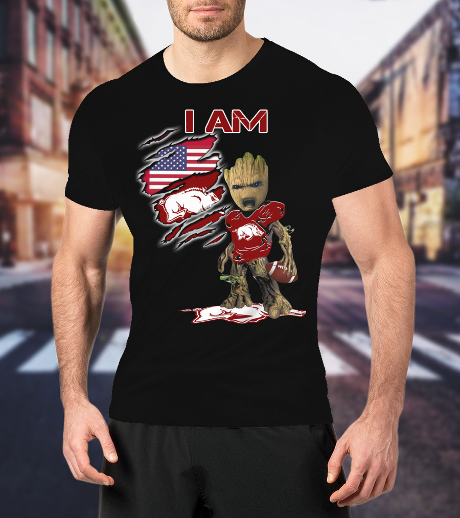I Am Baby Groot Arkansas Razorbacks Football American Flag T-Shirt