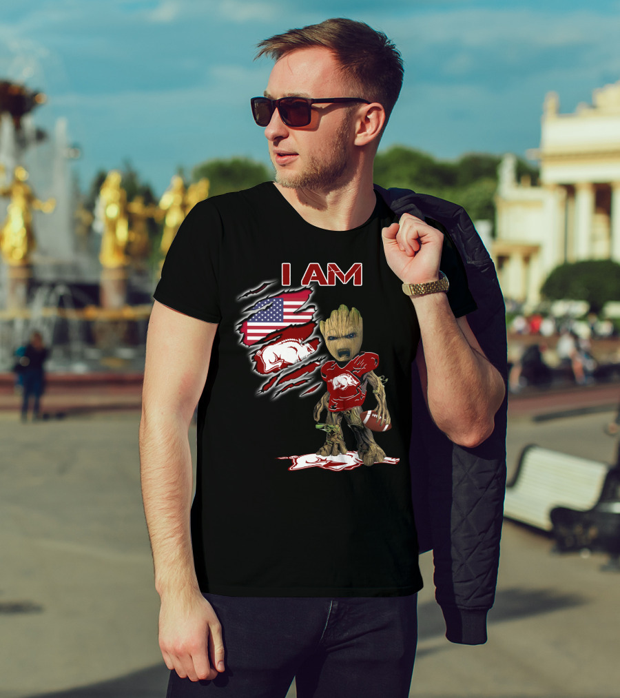 I Am Baby Groot Arkansas Razorbacks Football American Flag T-Shirt