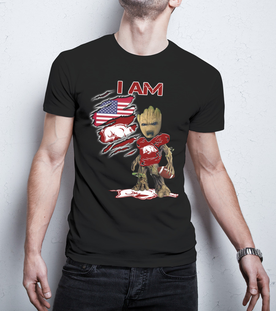 I Am Baby Groot Arkansas Razorbacks Football American Flag T-Shirt