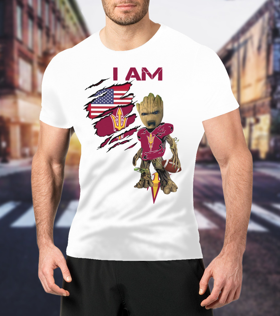 I Am ASU Baby Groot Football American Flag T-Shirt