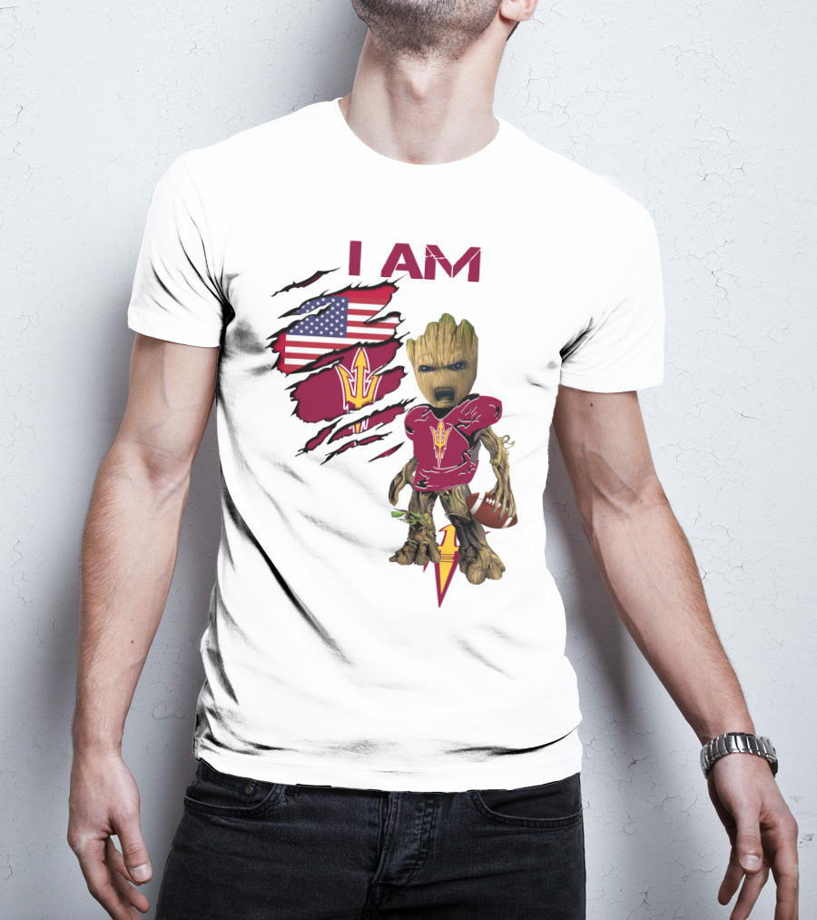 I Am ASU Baby Groot Football American Flag T-Shirt