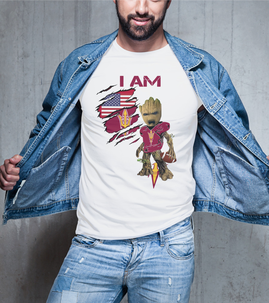 I Am ASU Baby Groot Football American Flag T-Shirt
