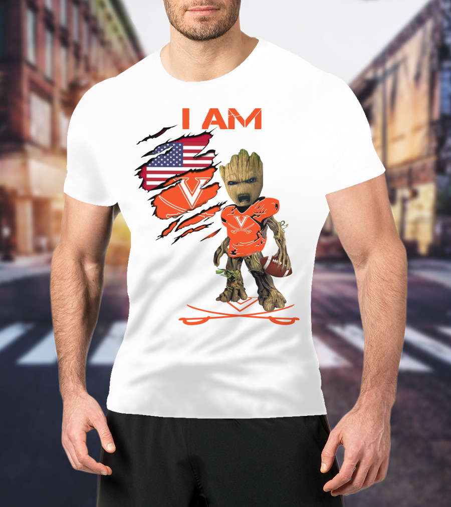 I Am Baby Groot Virginia Cavaliers Football Fan USA Flag T-Shirt