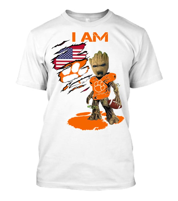I AM Clemson Baby Groot American Flag Tiger Paw Football T-Shirt
