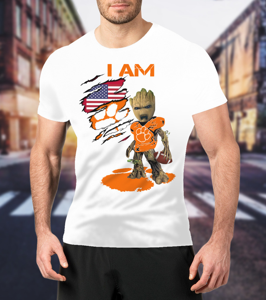 I AM Clemson Baby Groot American Flag Tiger Paw Football T-Shirt