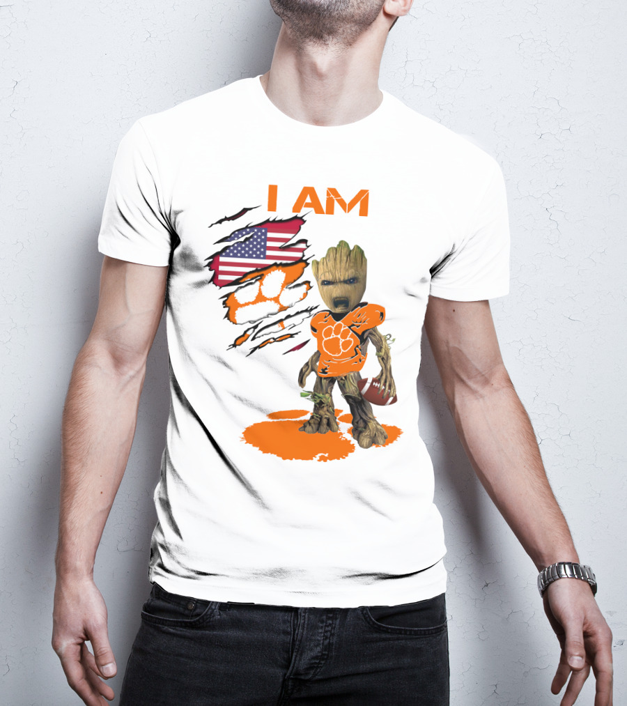 I AM Clemson Baby Groot American Flag Tiger Paw Football T-Shirt
