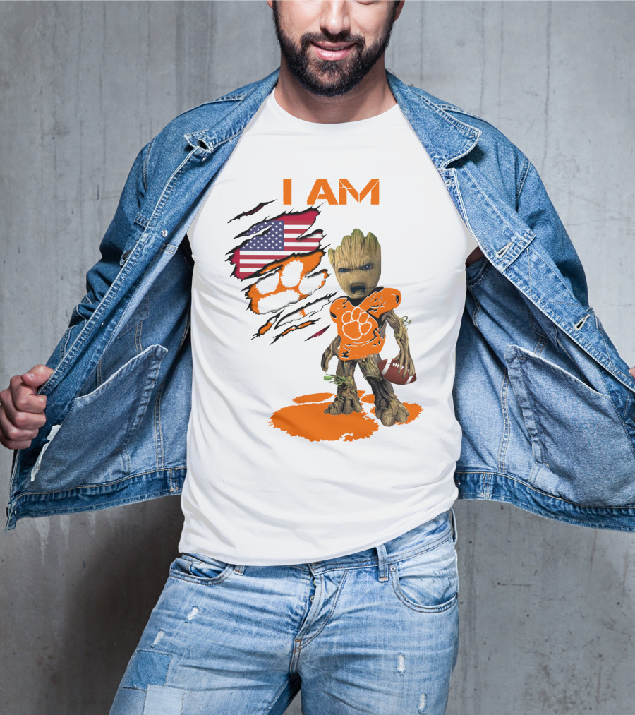 I AM Clemson Baby Groot American Flag Tiger Paw Football T-Shirt
