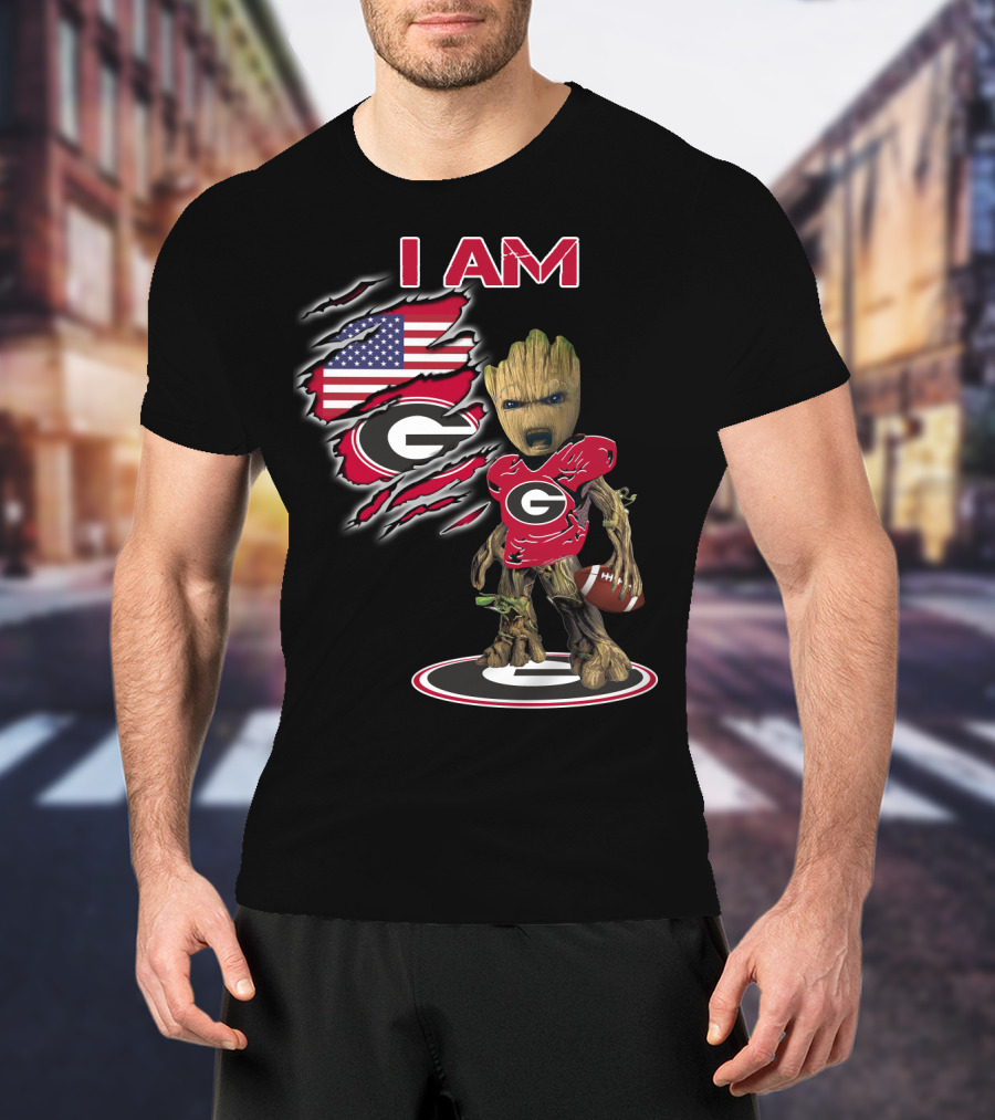 I AM Bulldogs Baby Groot Football G Fan American Flag T-Shirt