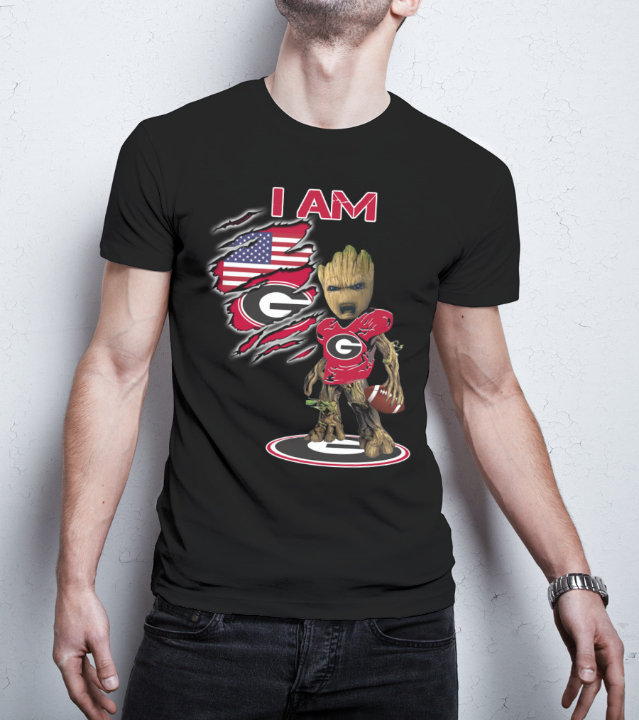 I AM Bulldogs Baby Groot Football G Fan American Flag T-Shirt