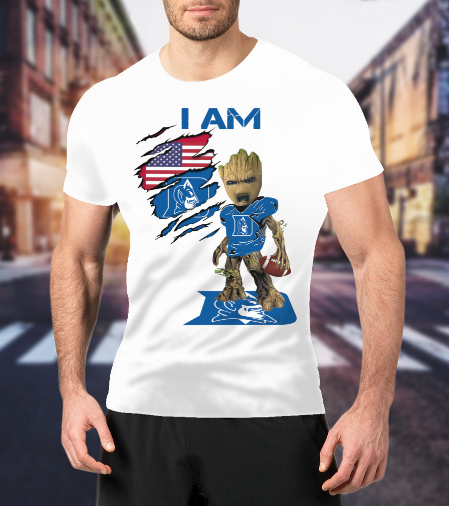 I Am Duke Baby Groot Holding Football With American Flag T-Shirt