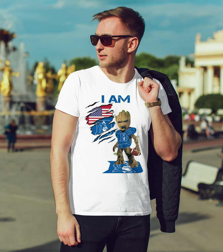I Am Duke Baby Groot Holding Football With American Flag T-Shirt