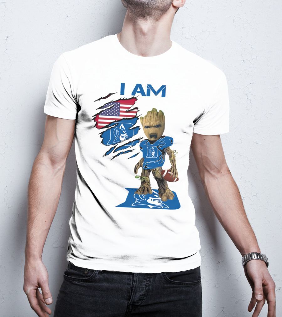 I Am Duke Baby Groot Holding Football With American Flag T-Shirt