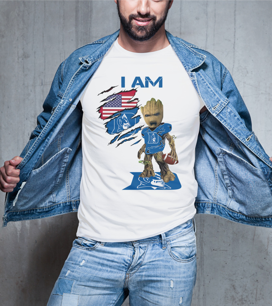 I Am Duke Baby Groot Holding Football With American Flag T-Shirt