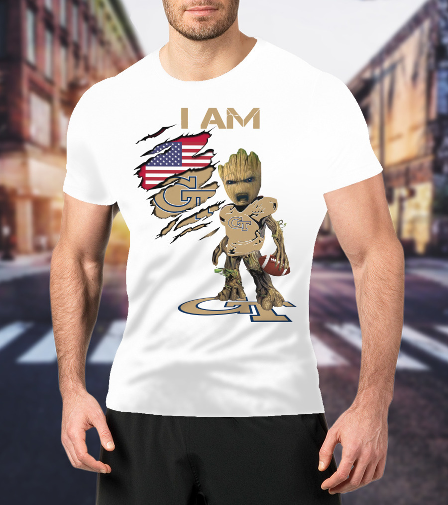 I AM Geo Baby Groot Football GT American Flag T-Shirt