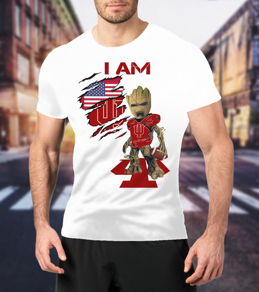 I AM Indiana Hoosiers Baby Groot Football USA Flag T-Shirt