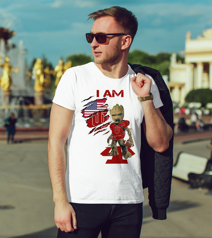 I AM Indiana Hoosiers Baby Groot Football USA Flag T-Shirt