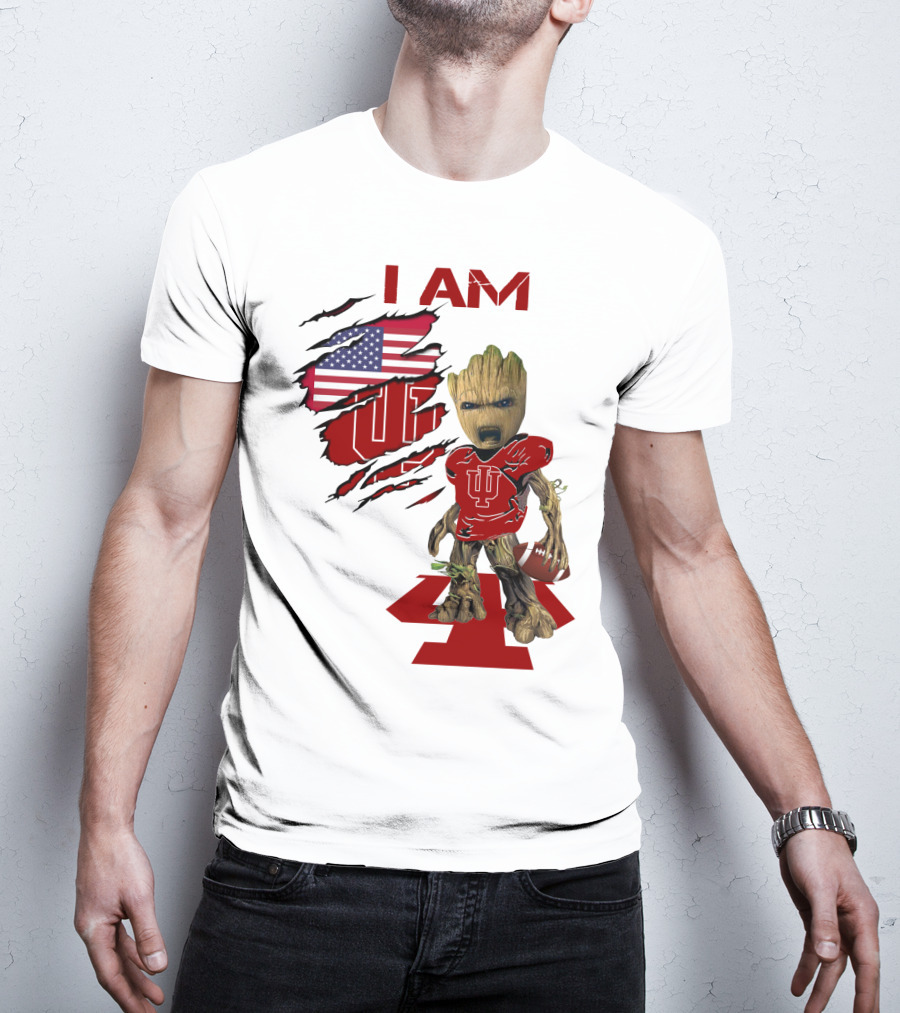 I AM Indiana Hoosiers Baby Groot Football USA Flag T-Shirt
