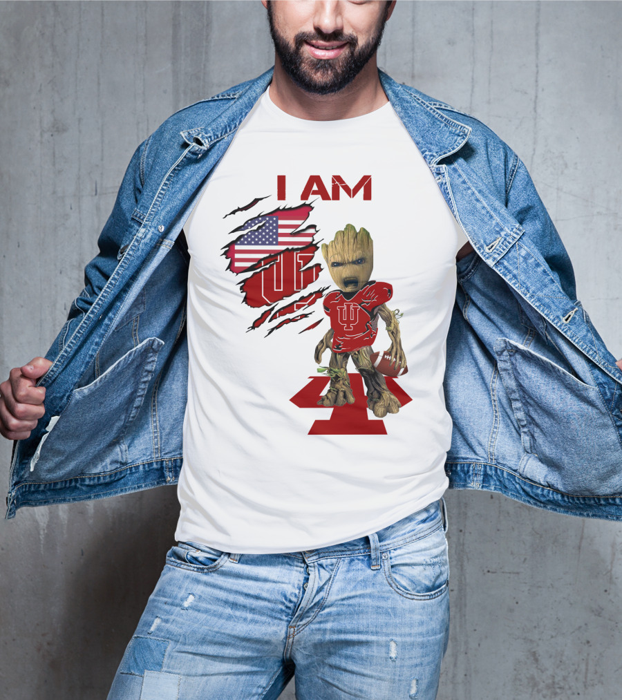 I AM Indiana Hoosiers Baby Groot Football USA Flag T-Shirt