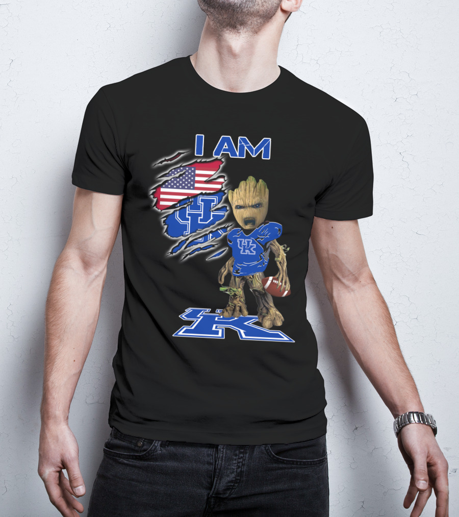 I Am Kentucky Uk Baby Groot American Flag Football Uk Wildcats Fan T-Shirt