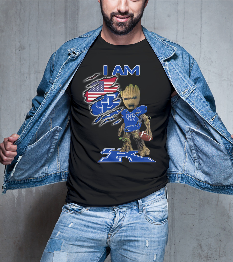 I Am Kentucky Uk Baby Groot American Flag Football Uk Wildcats Fan T-Shirt
