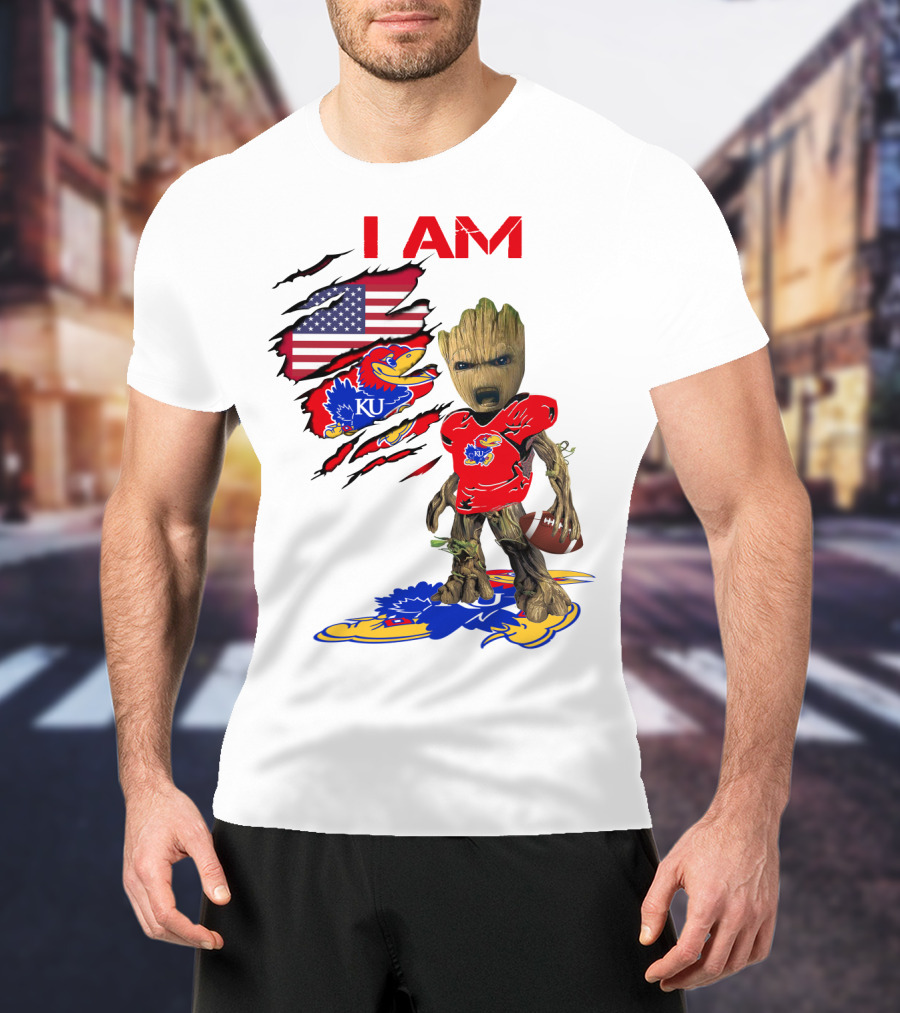 I AM Baby Groot KU Football Jayhawks American Flag T-Shirt