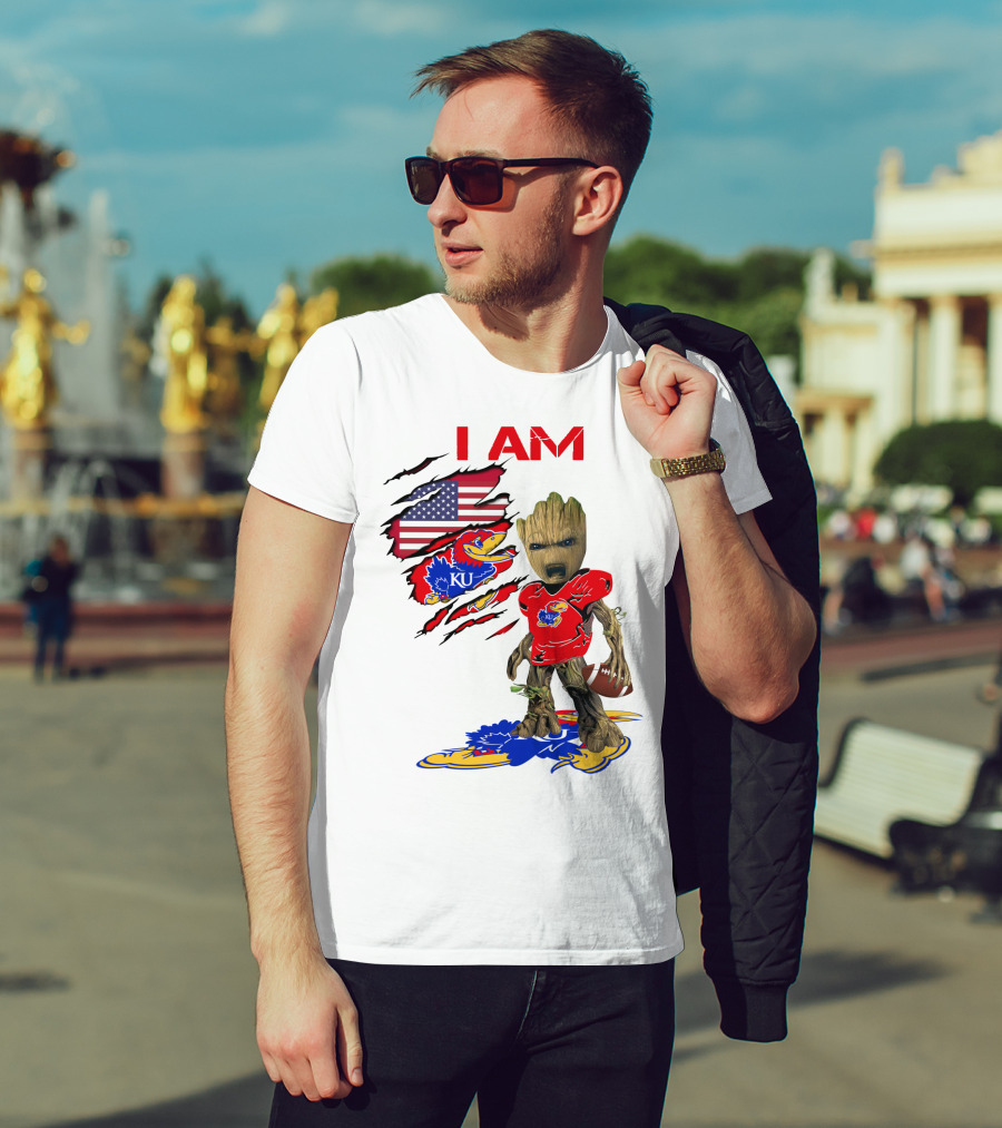 I AM Baby Groot KU Football Jayhawks American Flag T-Shirt