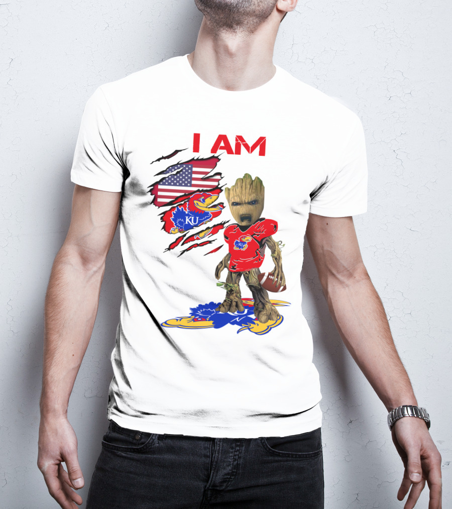 I AM Baby Groot KU Football Jayhawks American Flag T-Shirt