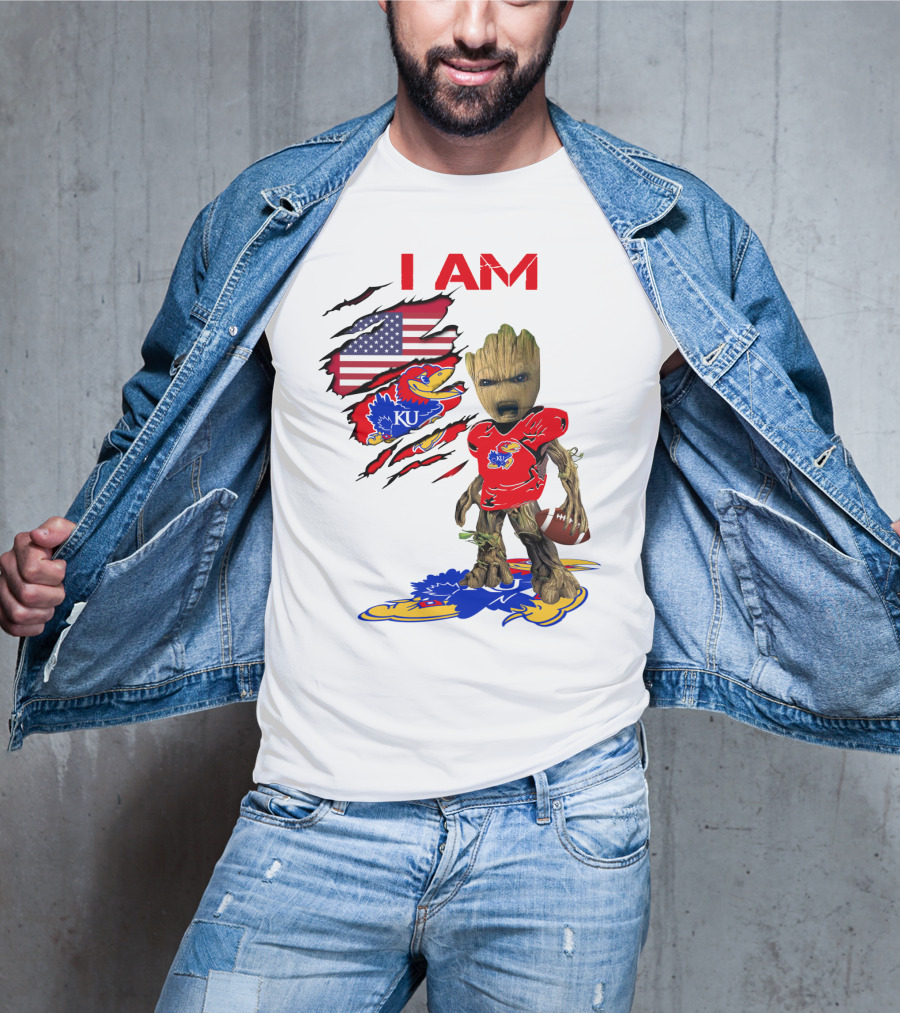 I AM Baby Groot KU Football Jayhawks American Flag T-Shirt