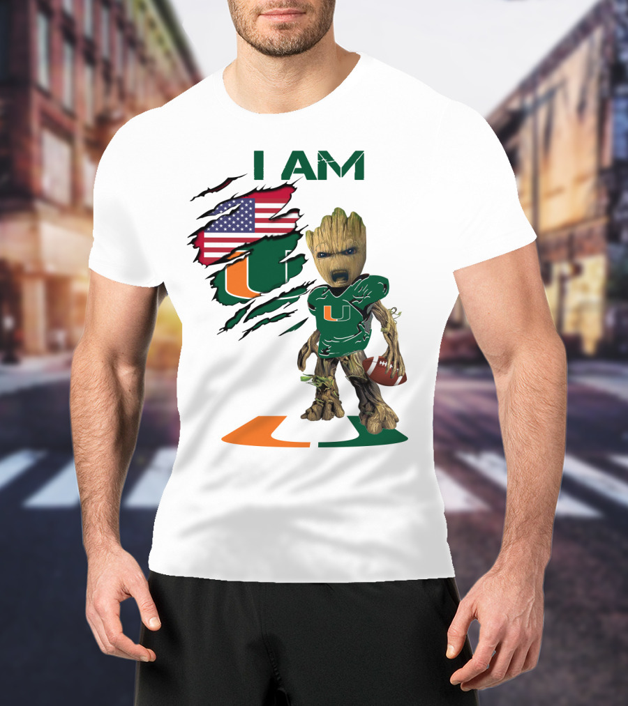 I AM Miami Hurricanes Baby Groot Football USA Flag T-Shirt