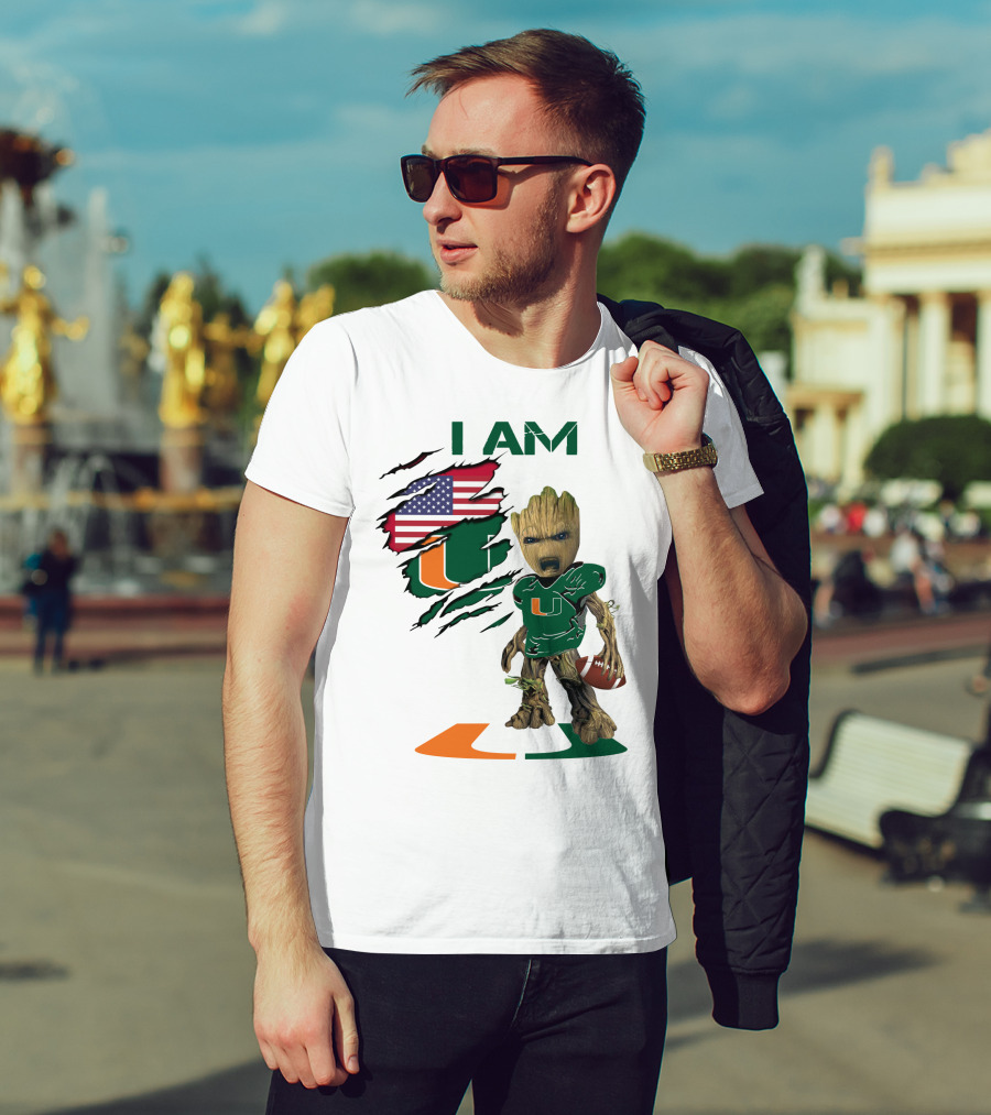 I AM Miami Hurricanes Baby Groot Football USA Flag T-Shirt