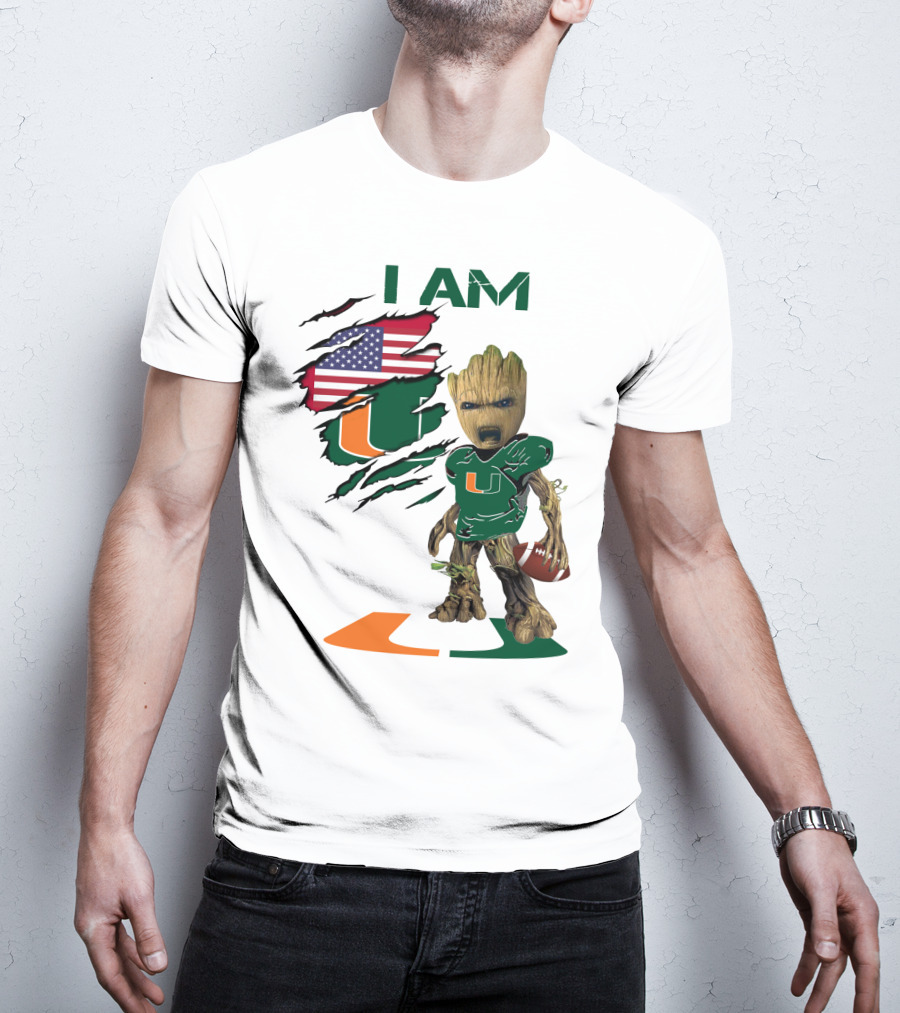 I AM Miami Hurricanes Baby Groot Football USA Flag T-Shirt