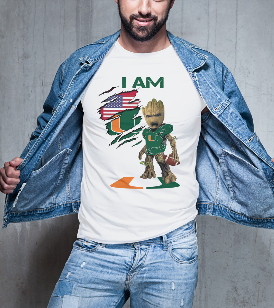 I AM Miami Hurricanes Baby Groot Football USA Flag T-Shirt