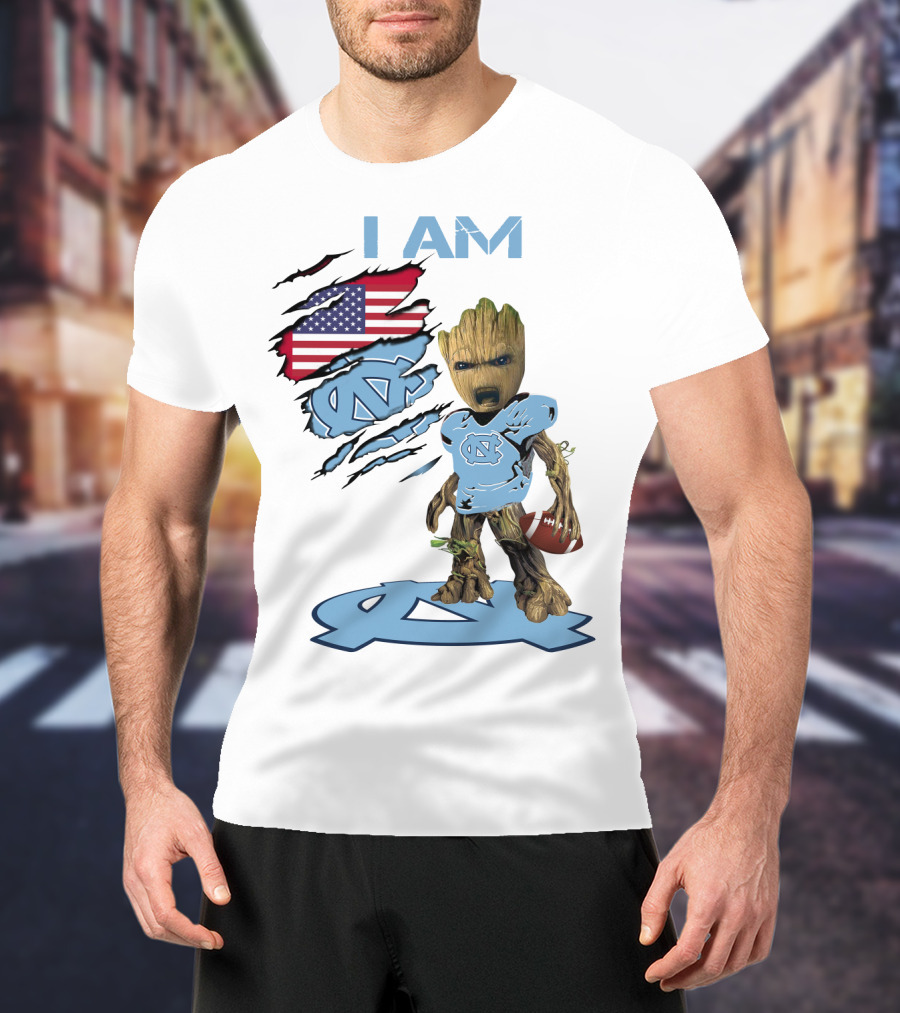 I Am Baby Groot Tarheels Football USA Flag T-Shirt