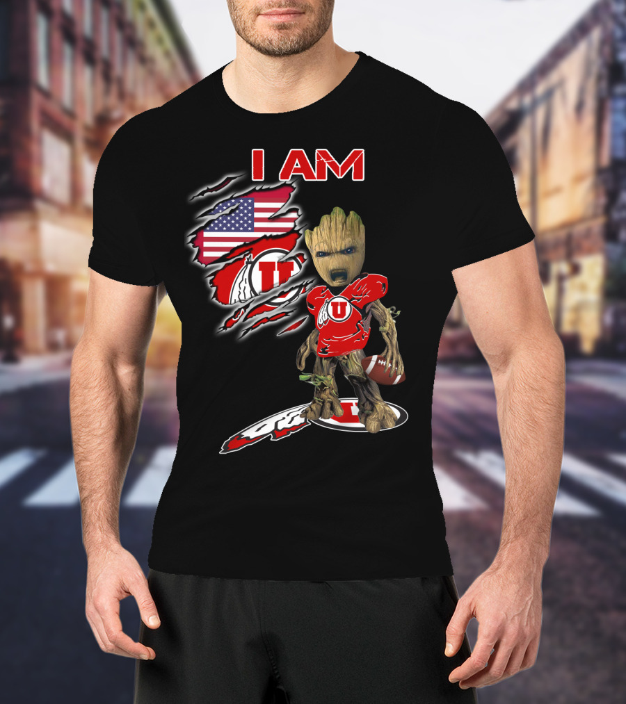 I AM Utes Baby Groot American Flag Football T-Shirt