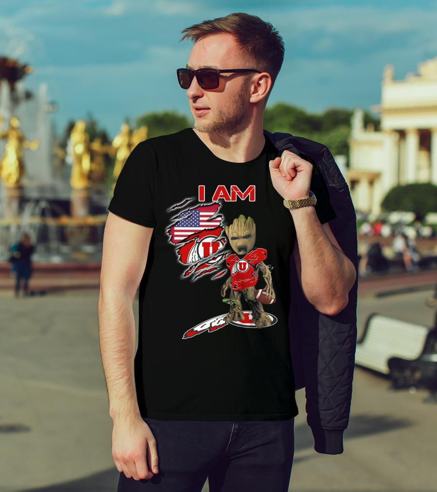 I AM Utes Baby Groot American Flag Football T-Shirt