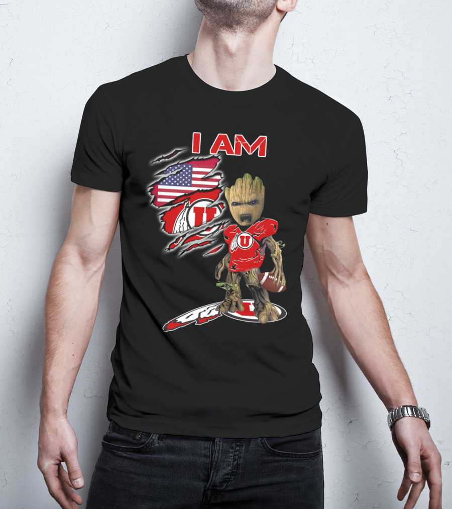 I AM Utes Baby Groot American Flag Football T-Shirt