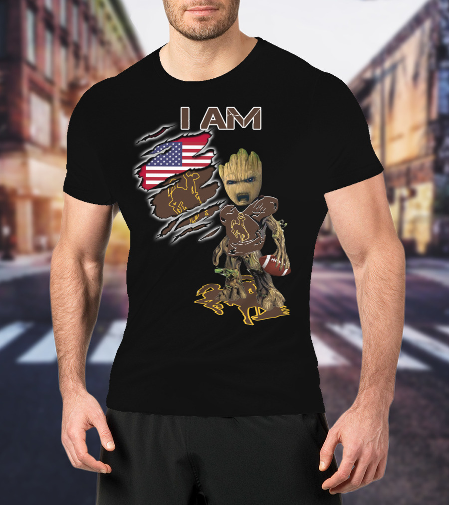 I Am Wyoming Baby Groot American Flag Cowboy Football Player T-Shirt