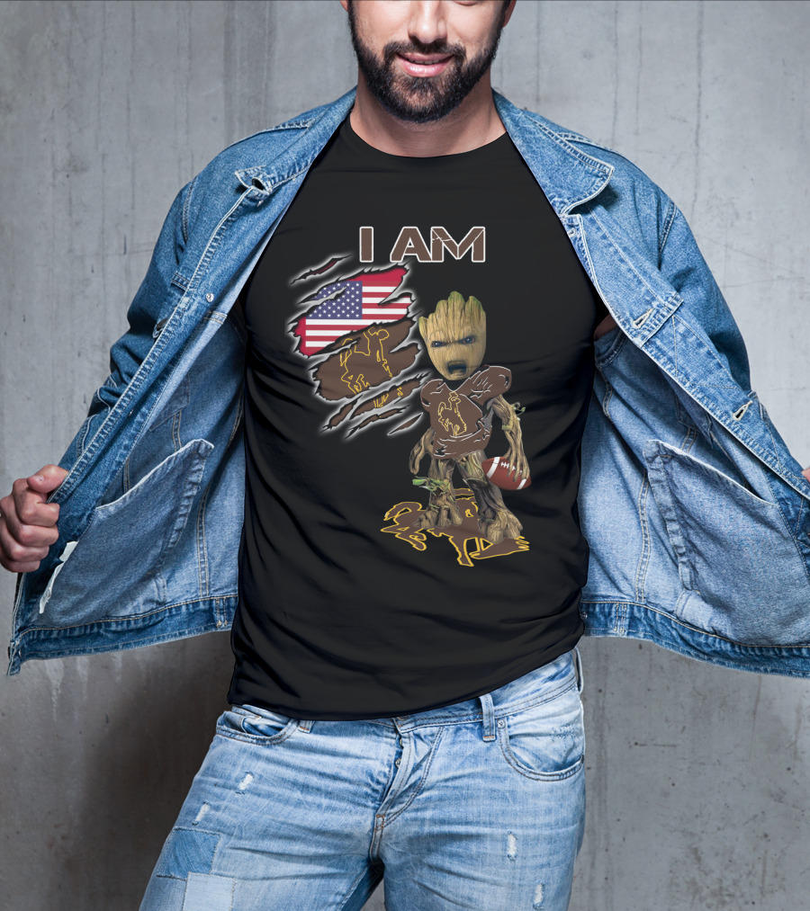 I Am Wyoming Baby Groot American Flag Cowboy Football Player T-Shirt