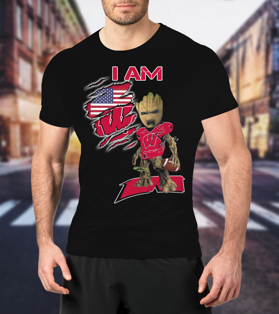 I Am Wisconsin Baby Groot Usa Flag Football W T-Shirt